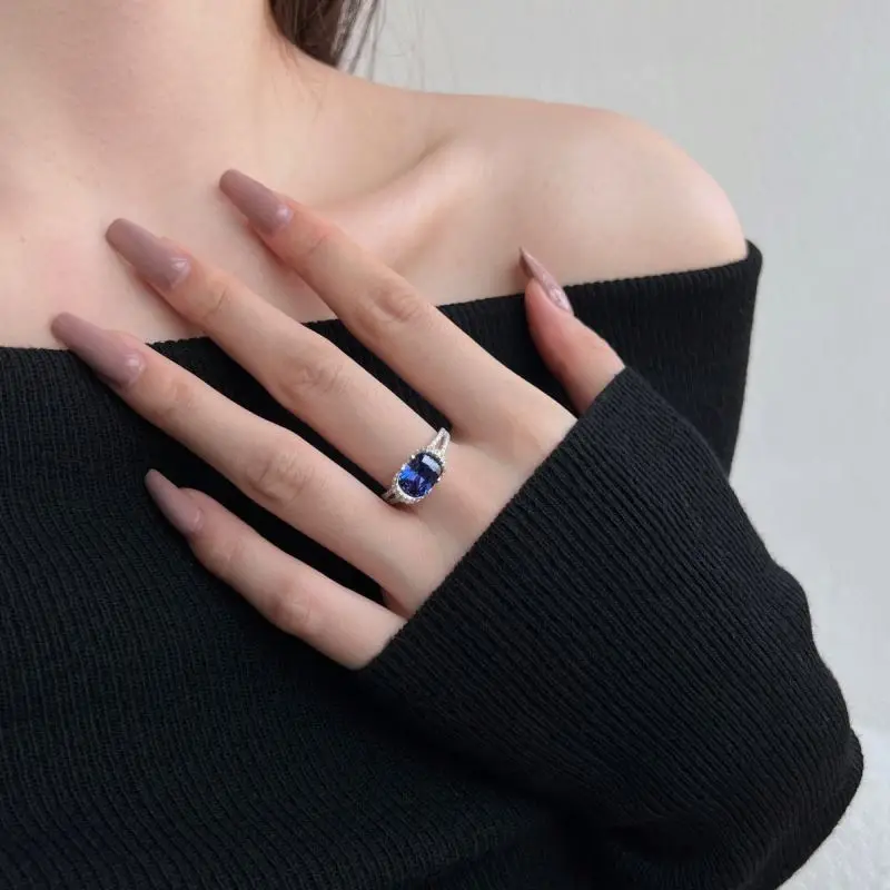 Dylam Custom Luxury Jewelry Iced Out Square Shape Diamond Sapphire Ring 925 Sterling Silver Engagement Wedding Ring For Women