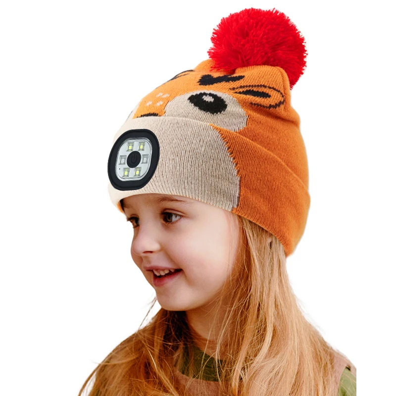 Cartoon Warm Hat with Light LED USB Rechargeable Flashlight Beanie Cap Winter Pom Headlight Knit Cuffed Hat for Kid