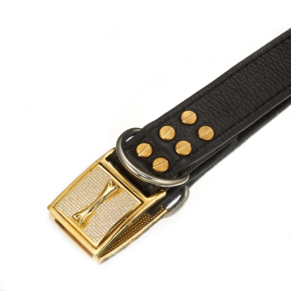 Custom Top Layer Cow Leather Dog Collar Collar With Diamond Dog Chains Pet Supplies For Dog Training Collar