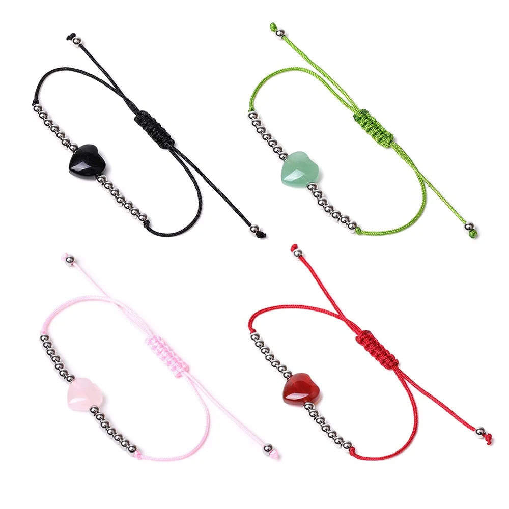 Simple 4mm stainless steel bead ball nature stone heart shaped charm pendant bracelets adjustable rope woven bracelet for woman