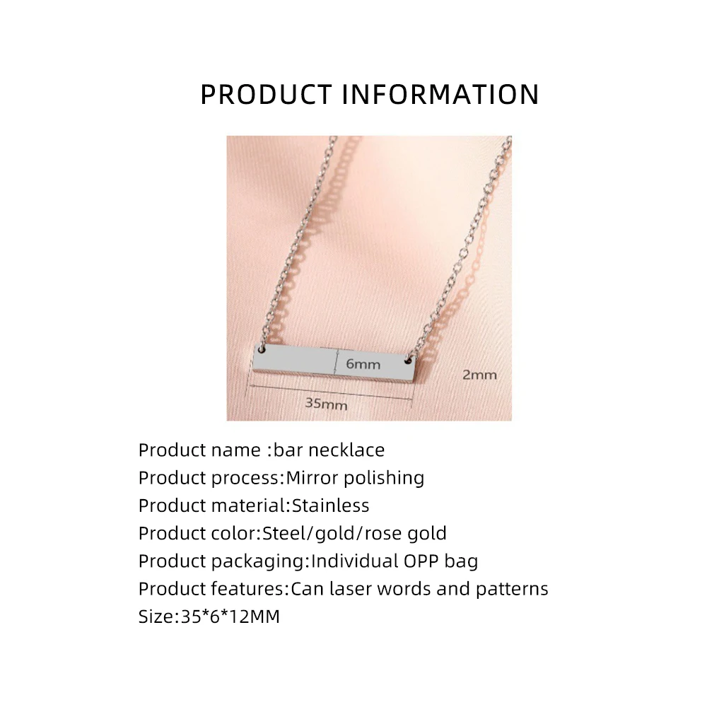Wholesale Personalized Women Fashion Jewelry Custom Blank Laser Logo Name Gold Plated Horizontal Bar Pendant Necklace