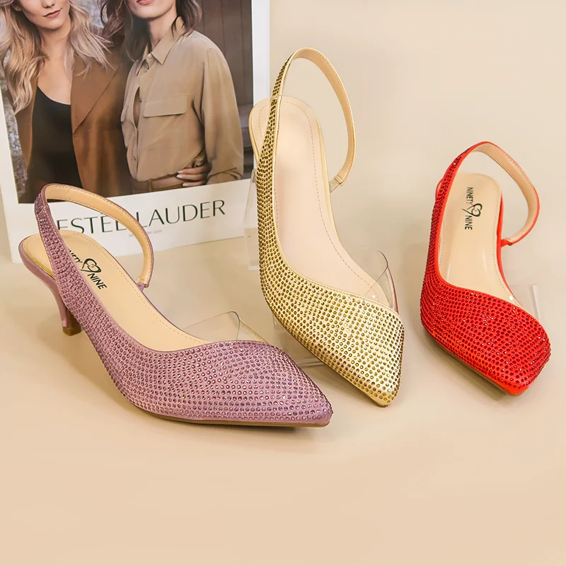 Женские туфли со стразами, туфли-лодочки на низком каблуке с острым носком и ремешком на пятке, 2022