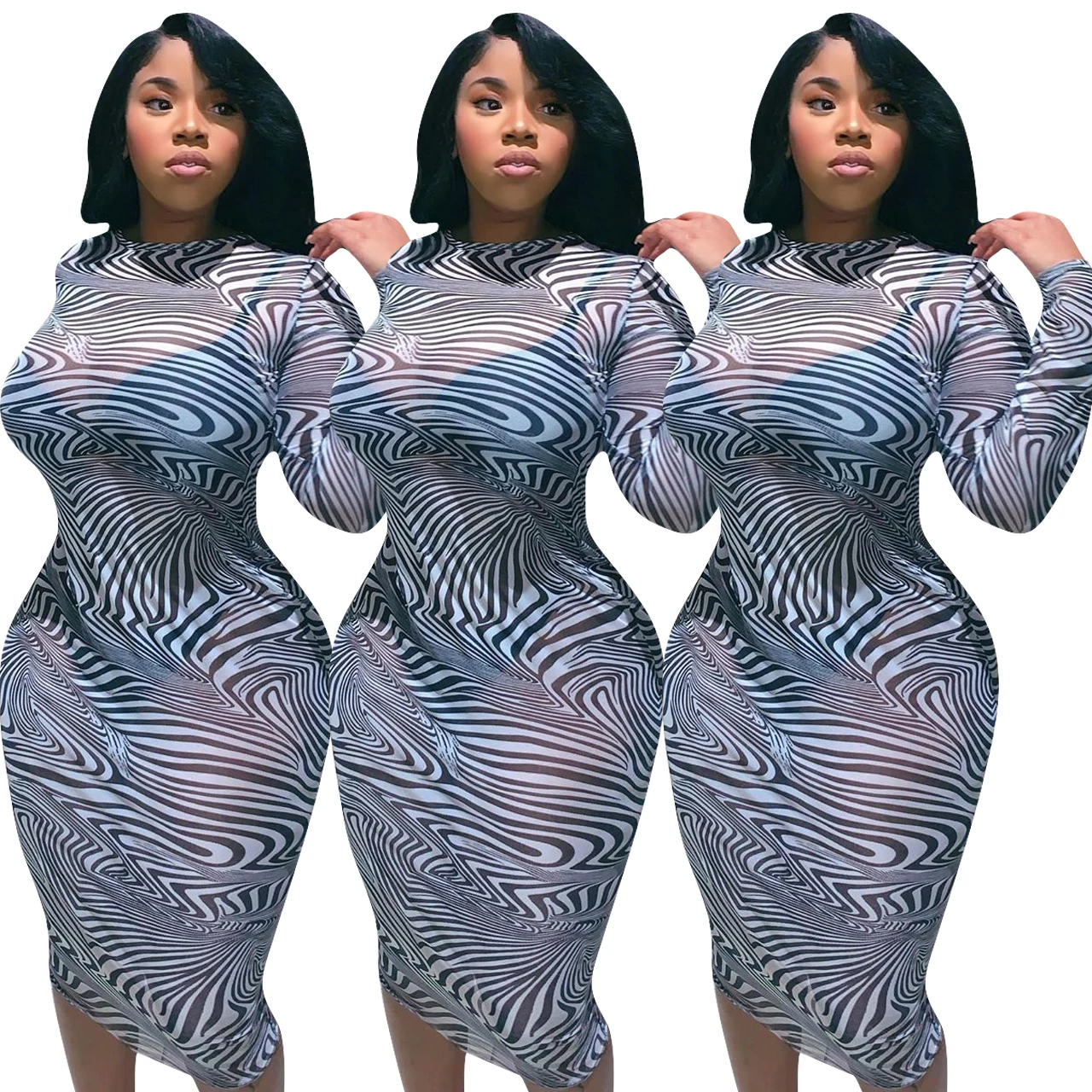 
Wholesale Striped Long Sleeves Dresses Women Pencil Casual Summer Plus Size Sexy Mesh Dress 