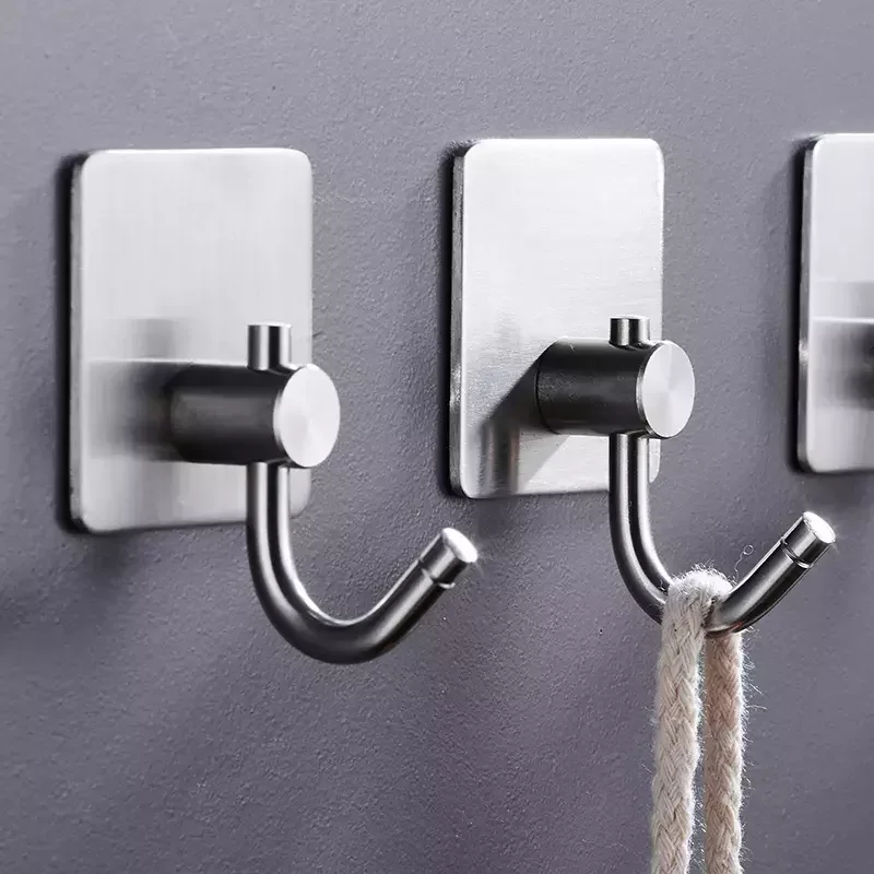 Free perforated black Hook wall mount 304 Stainless steel bathroom kitchen hook hanger behind the door sticky hook