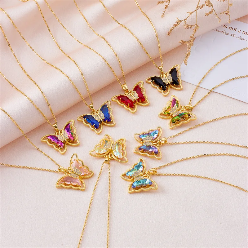 Fashion Brass Gold Plated Colorful Crystal Butterfly Shape Charm Pendant Necklace Jewelry For Women Girls