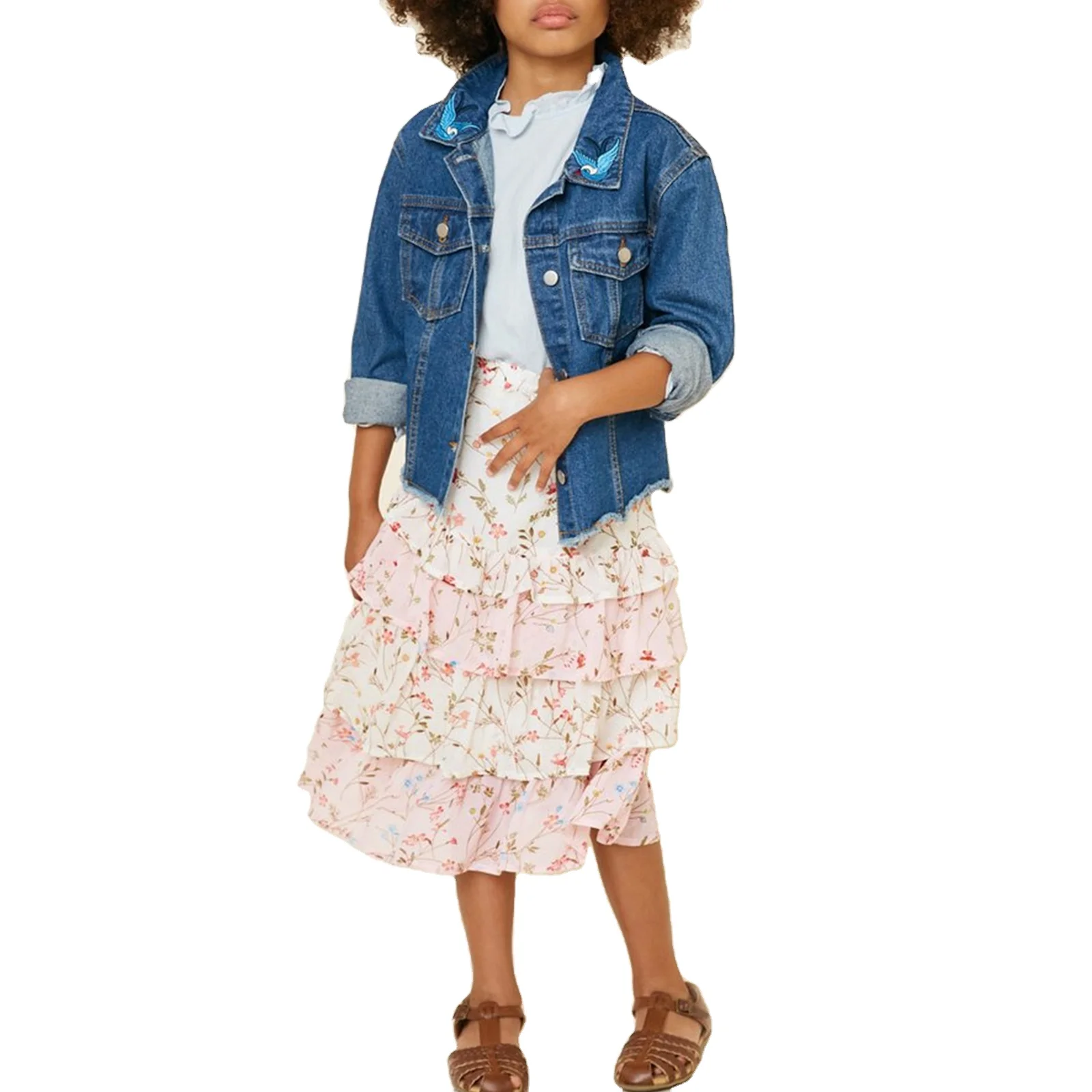 New Promotion Best Price OEM Accept Kids Girls Sweet Tiered Ruffle Floral Polyester Midi Skirt Factory in China