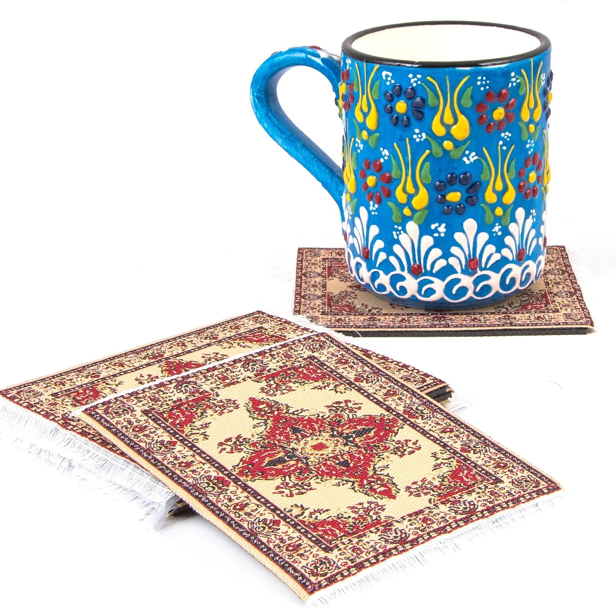Turkish Miniature Carpet Woven Set of 6 Tea - Coffee Coaster Mat Table Decoration