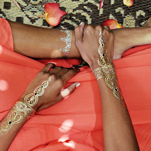 Factory Custom Metallic Gold  Silver Henna Temporary Tattoos Foil Henna Tattoo Stickers