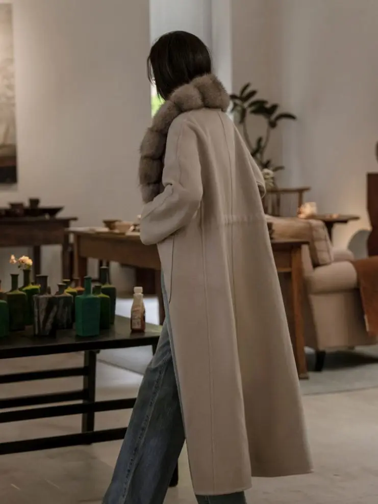 Factory Custom Fashion Luxurious Winter Lady Real Mink Fur Wool And Cashmere Double Sided Fur Coat