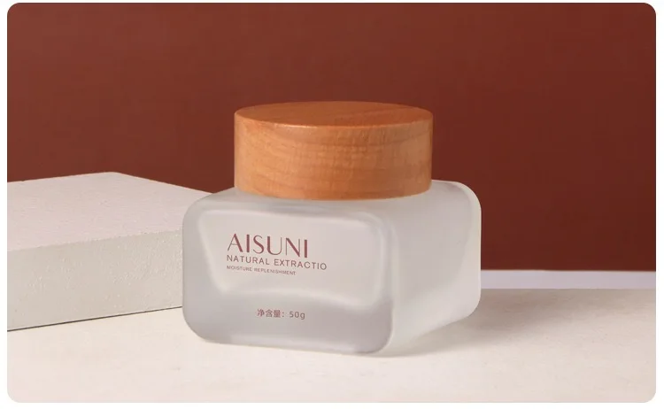 50ml 120ml Square Frosted Glass Pump Bottle 50g Facial Cream Jar With Wooden Cap Skincare Bottle With Wood Lid