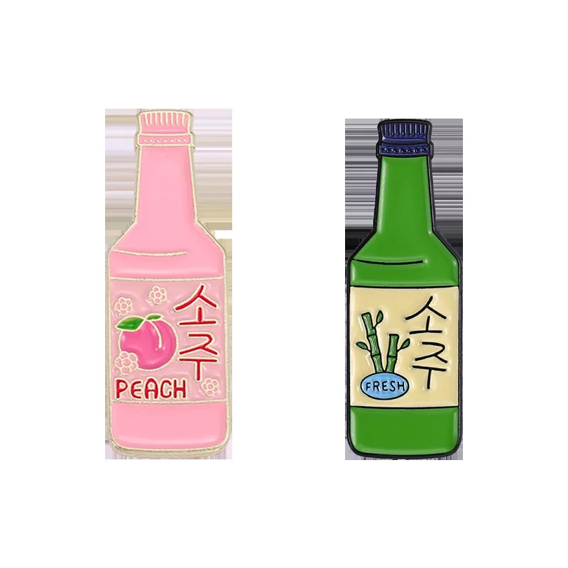 Stock Korean Soju Enamel Pin Fresh And Peach Lovely Wine Bottle Brooches On Backpack Clothes Lapel Pins Gift For Lover Jewelry