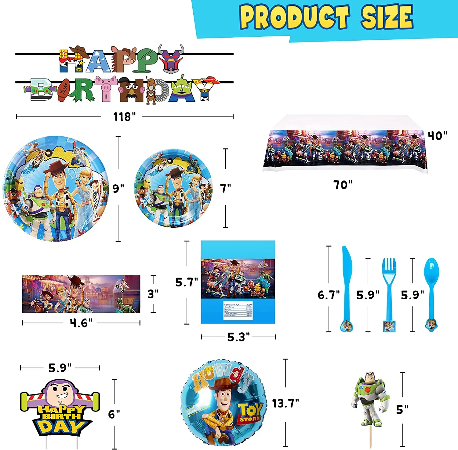 82 Pcs Party Favors Banner Cake Topper Plates Cutlery Foil Balloon for Kids Themed Party Toy Story Birthday Decorations