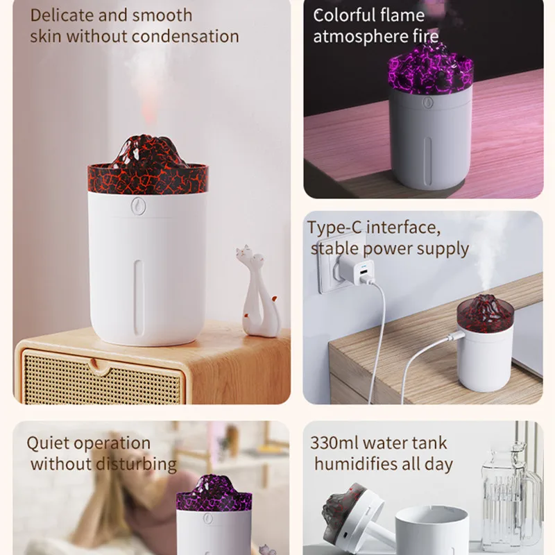 New Design Portable 330Ml H2O Spray Mist Humidifier Mini Volcano Aroma Diffuser Led Light Aroma Diffuser Car Usb Air Humidifier
