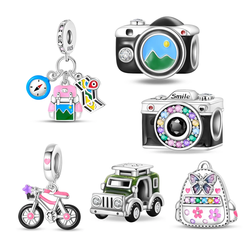 New Fashion S925 Sterling Silver Charm Bead Bicycle Camera Backpack Hanging Colored Diamond DIY Bracelet for Women Jewelry