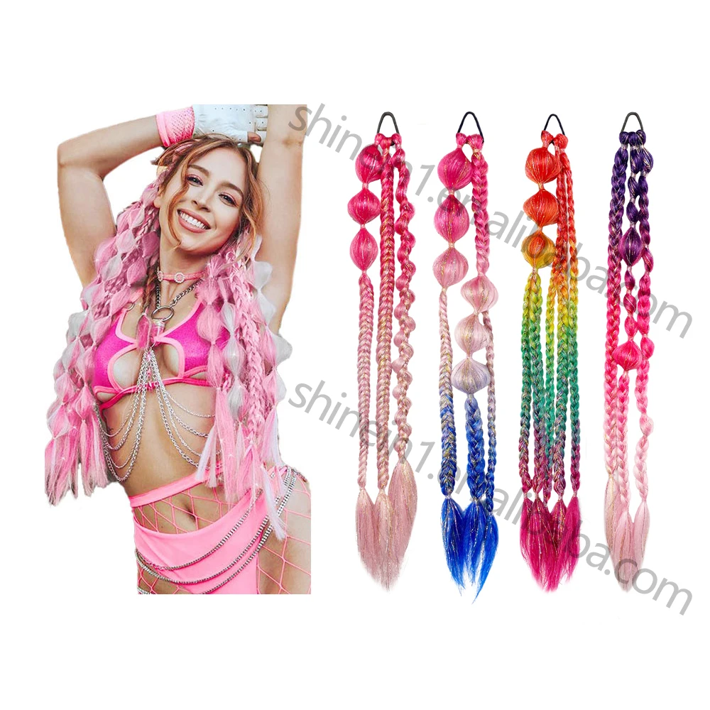 Wholesale 24inch Cosplay Handmade Crochet Colored Hair Extensions Synthetic Bubble Braid Hair Ponytail with Rubber Bands