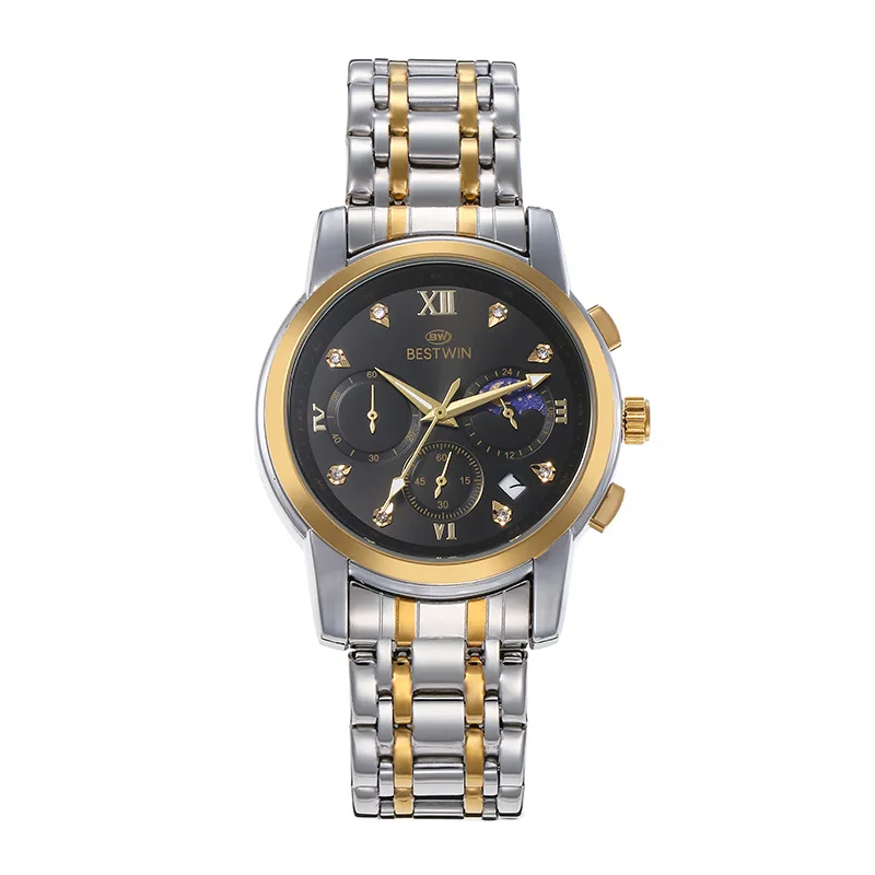 BESTWIN watch High Quality Top Brand Luxury Stainless Steel Quartz Moon Phase Movement Business Watches Men 30M  wrist watch