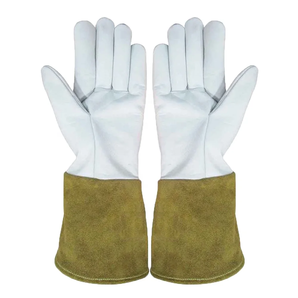 Heat Resistant Safety Work Welding Gloves Tig Grain And Cow Leather Long Cuff White Top Cow