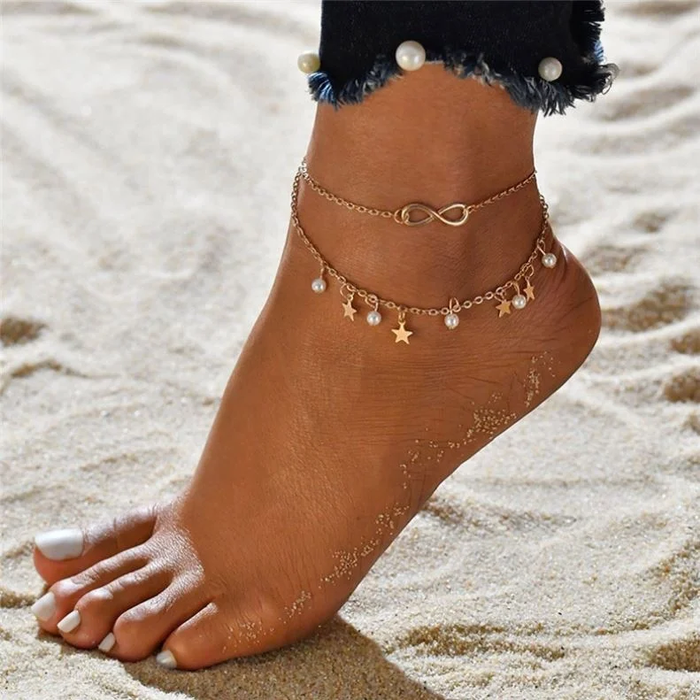 Summer Tassel Double Layer Star Imitation Pearl Barefoot Crochet Sandals Women Foot Jewelry Ankle Bracelet Alloy Chain Anklet
