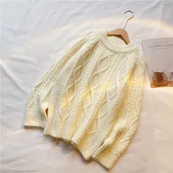 2021 autumn and winter new solid color knitted pullover sweater women retro thick needle twist thick sweater women
