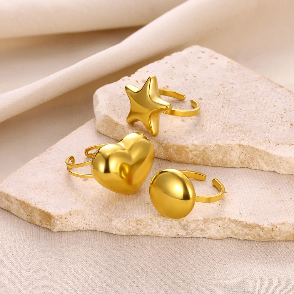 RS1120 Trendy Non Tarnish Gold Plated Stainless Steel Geometric Puffy Bubble Heart Star Round Dome Ring Simple Funky Jewelry
