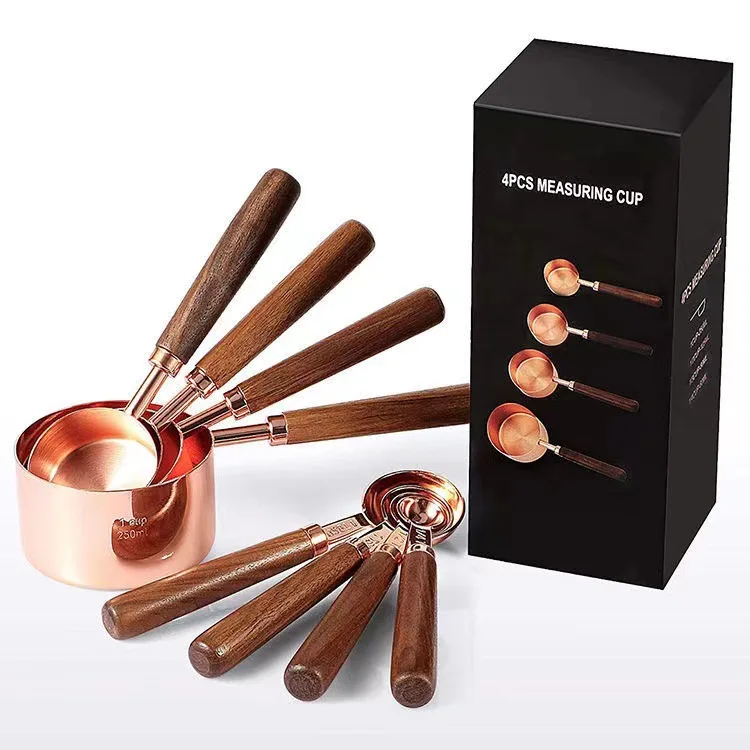 Walnut Handle Stainless Steel Measuring Spoon Set Coffee  Measuring Cup 4/8-piece set with graduated Kitchen Baking Tools