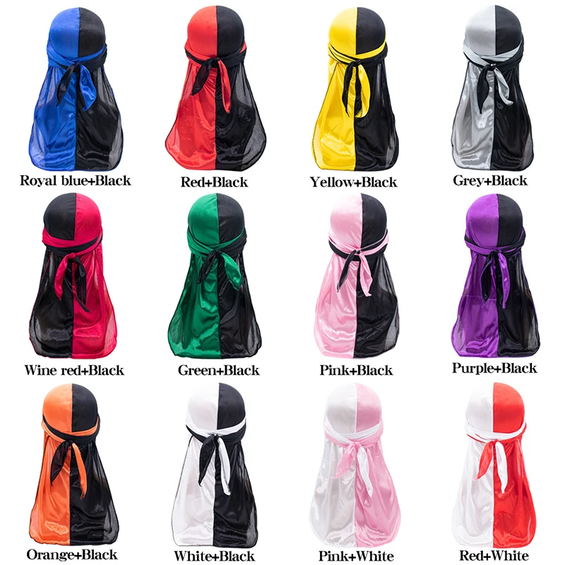 Wholesale Durags Bandana Fashion Silky Elastic Hair Protection Durag Pirate Hat Long Silky Satin Bonnets And Durags