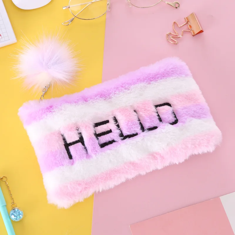 Милый большой плюшевый пенал с меховым помпоном, пенал для девочек, плюшевый пенал, кавайная сумка для макияжа, школьные принадлежности, канцелярские принадлежности