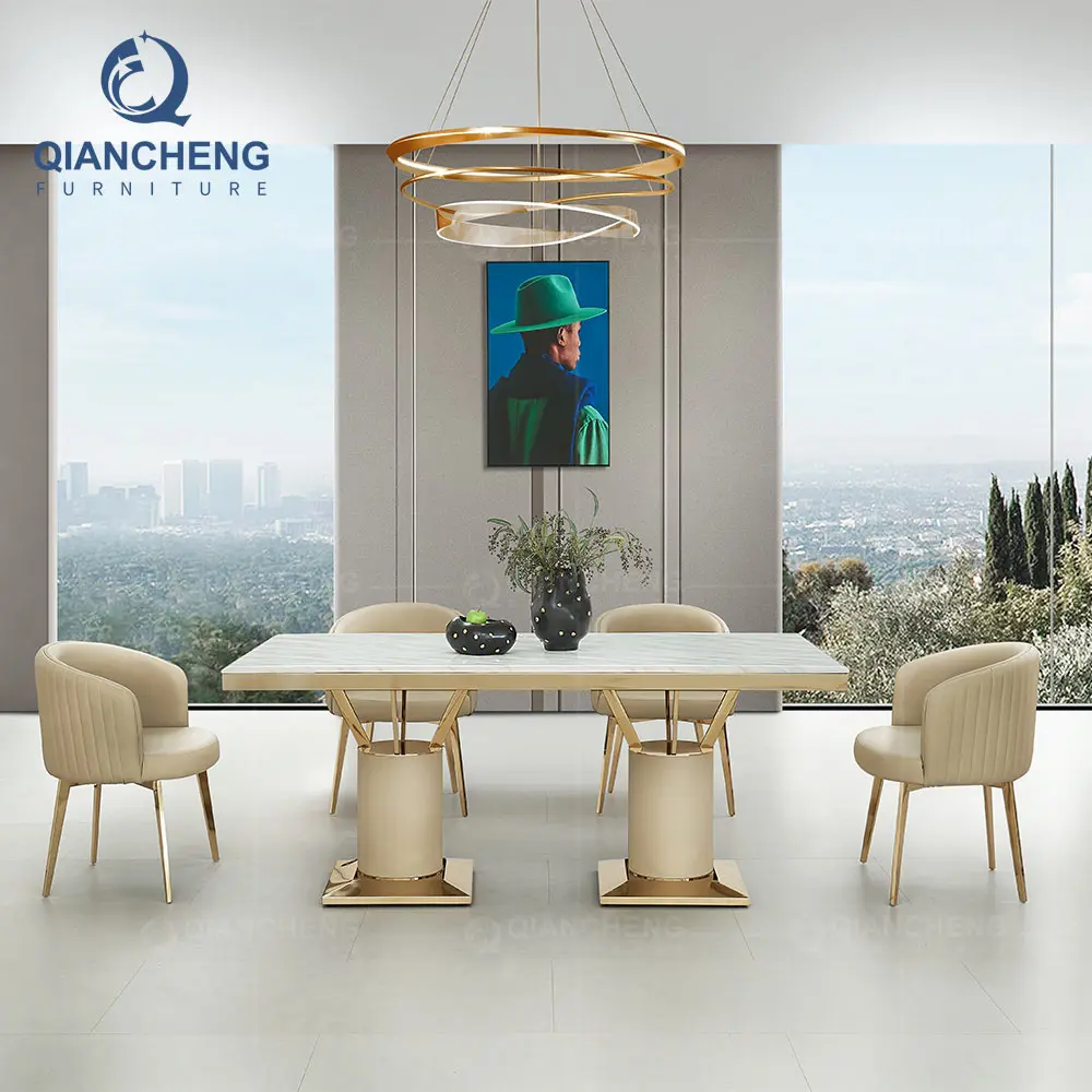 Foshan luxury high end design furniture house dinning room set natural cave stone marble dining table with chair genuine leather