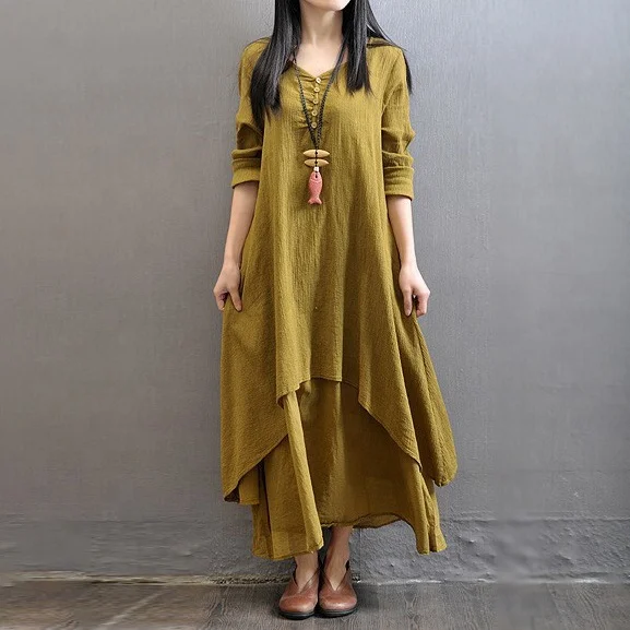 New Arrival Summer Plus Size Women Dress O-neck Comfortable Linen Ladies Long Sleeve Loose Maxi Dress Long Swing Casual Dresses