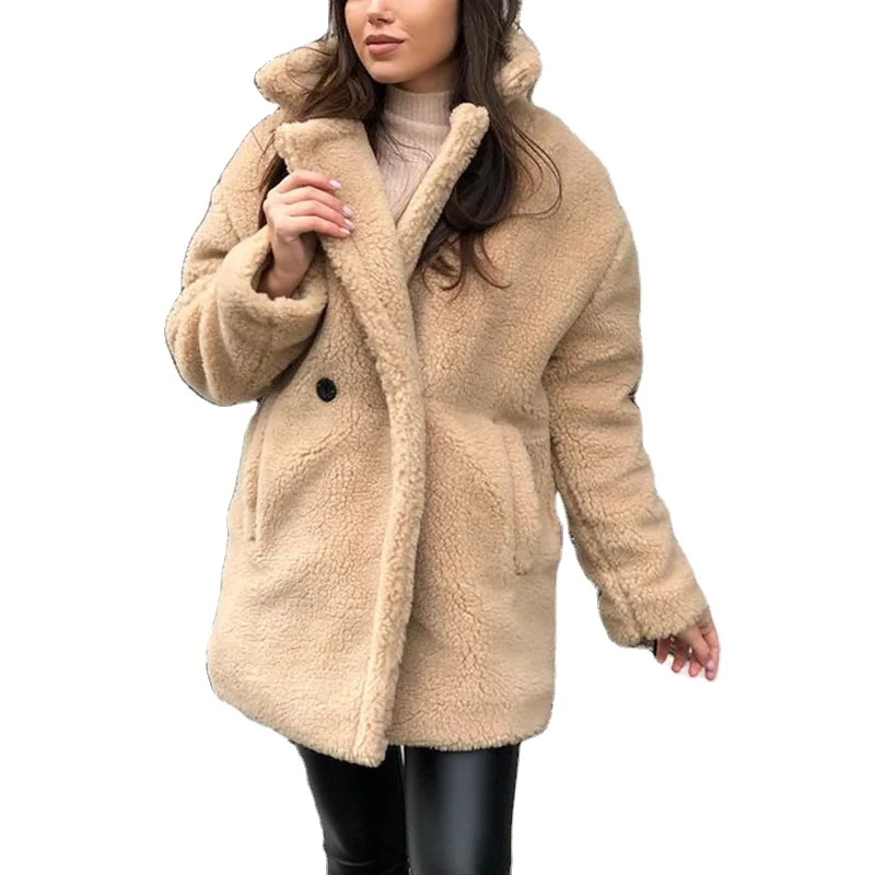 Winter Faux Lamb Fur Coats Women Elegant Side Pockets Mid Length Jackets Women Loose Double Breasted Coats Ladies