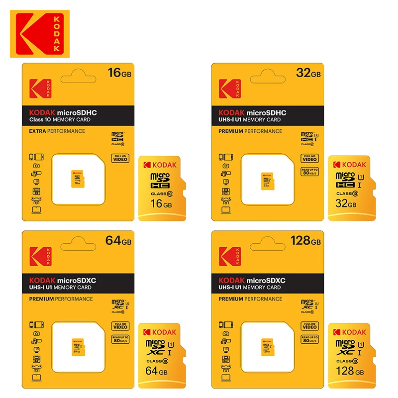 Wholesale KODAK Memory SD Card 16G 32G 64G 128G Class 10 U1 UHS-1 micro Full HD Video 80MB/S TF Memory card