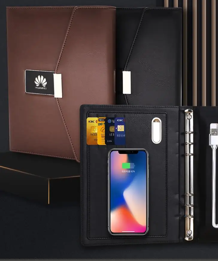Multifunctional Business Notebook A4 Organizer with Fast Mobile Power Wireless Charging PVC Leather Cover for Gifts Diaries