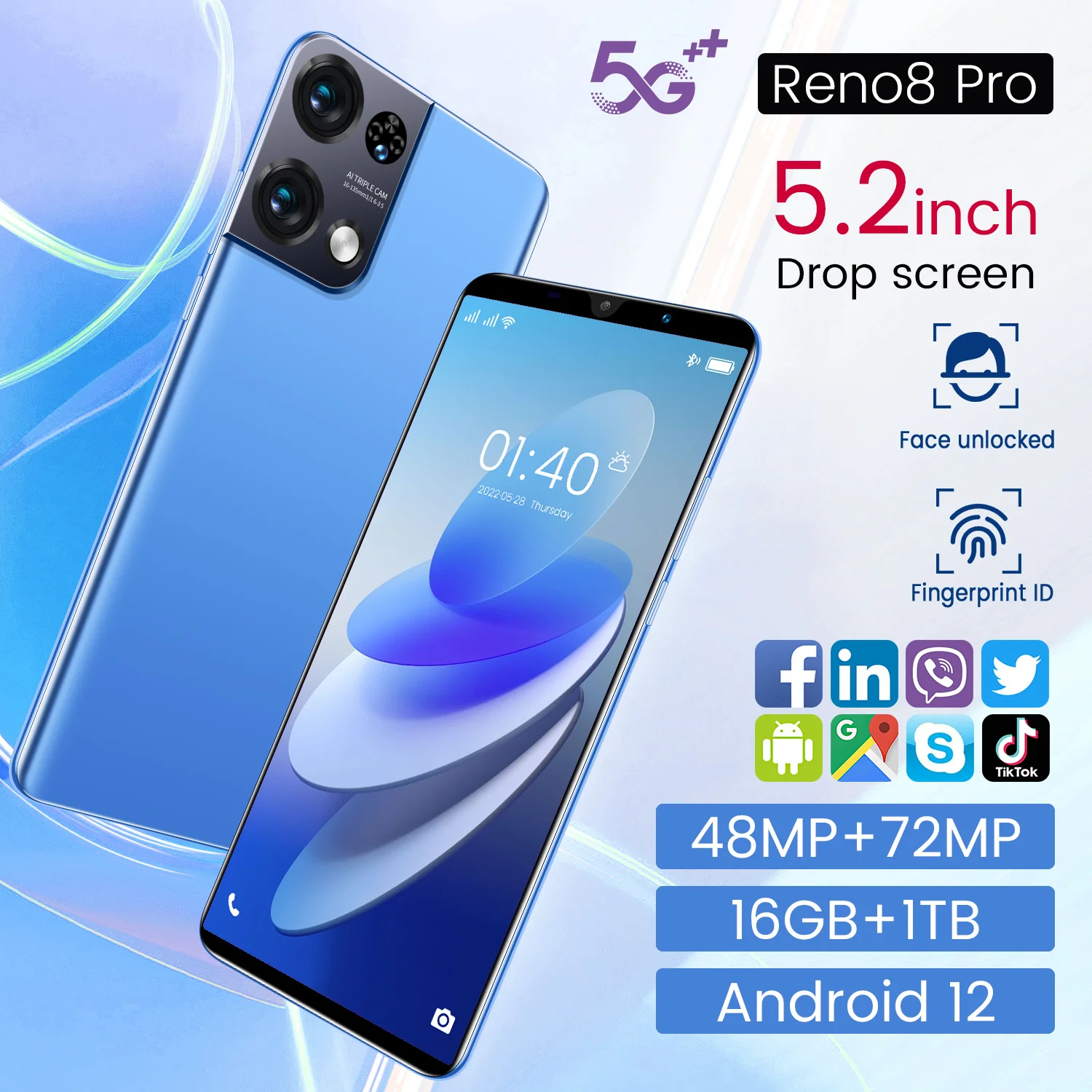 2023 New smartphone Reno8 Pro 5.2 inch 16GB+1TB dual sim Android12 48MP+72MP 5G smartphone mobile phone