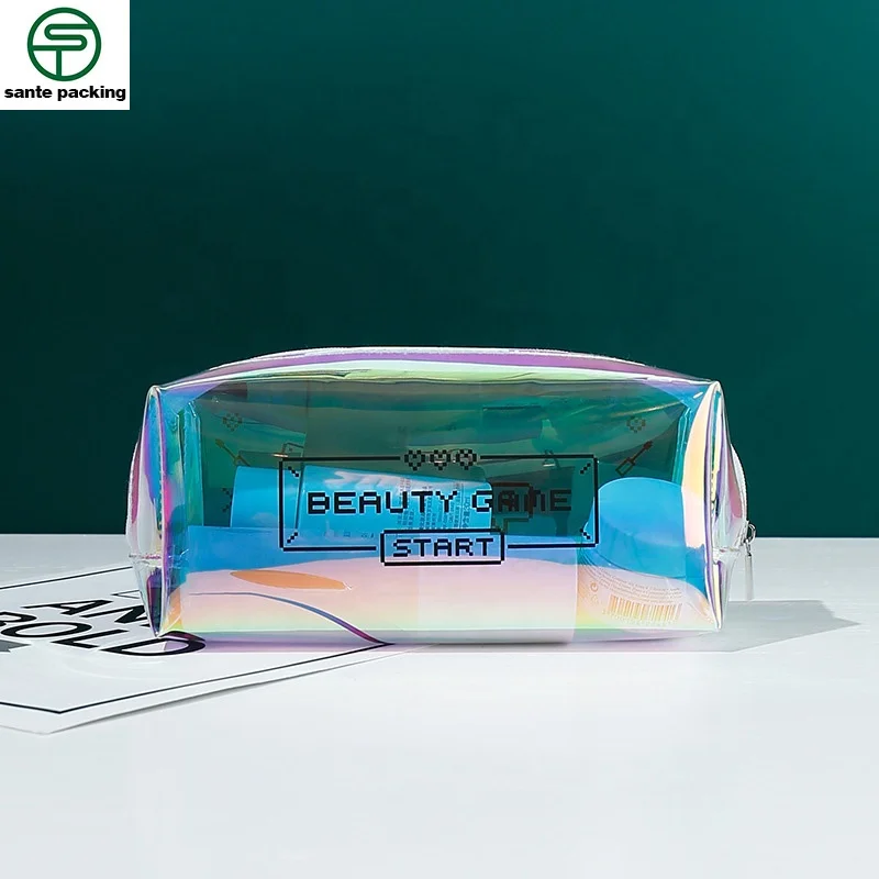 Custom Logo Holographic Cosmetic Bag Portable Waterproof TPU PVC Makeup Bag For Women
