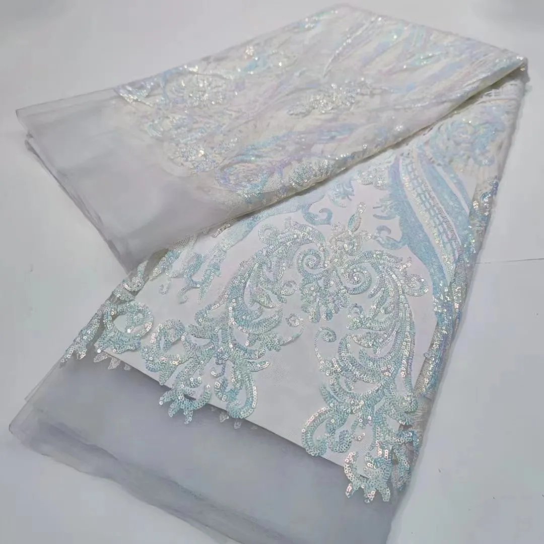 Newest African 100% Polyester Sequin Embroidery Lace Fabric Glitter Green Nigeria Embrideried Mesh Fabric For Wedding Dress