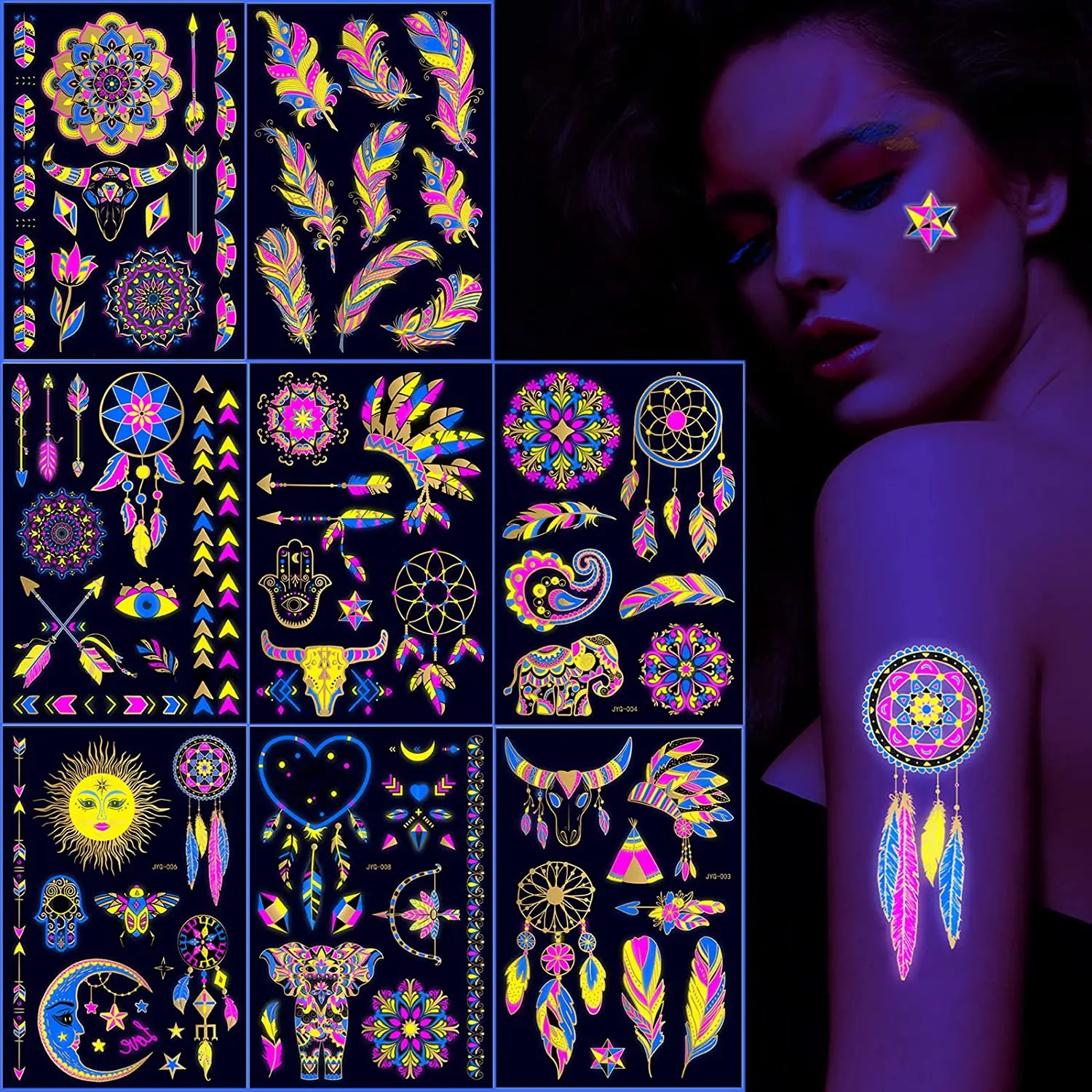 UV neon glow in the dark temporary tribal tattoos Flash metallic tattoo sticker luminous gold silver lace chains mandala party m