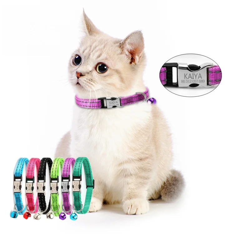 Cat Collar Bell Engraved Name Night Reflective Nylon Cat Rope Anti-lost Pet Outdoor Walking Accessories Supplies