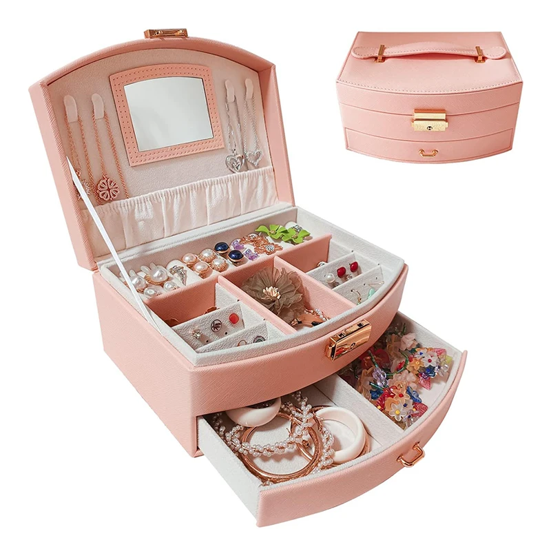 Jewelry Storage Box with Mirror Lock 2 Layer Portable Jewellery Case for Women Bracelet Earring Girls Hair Accessories Organizer