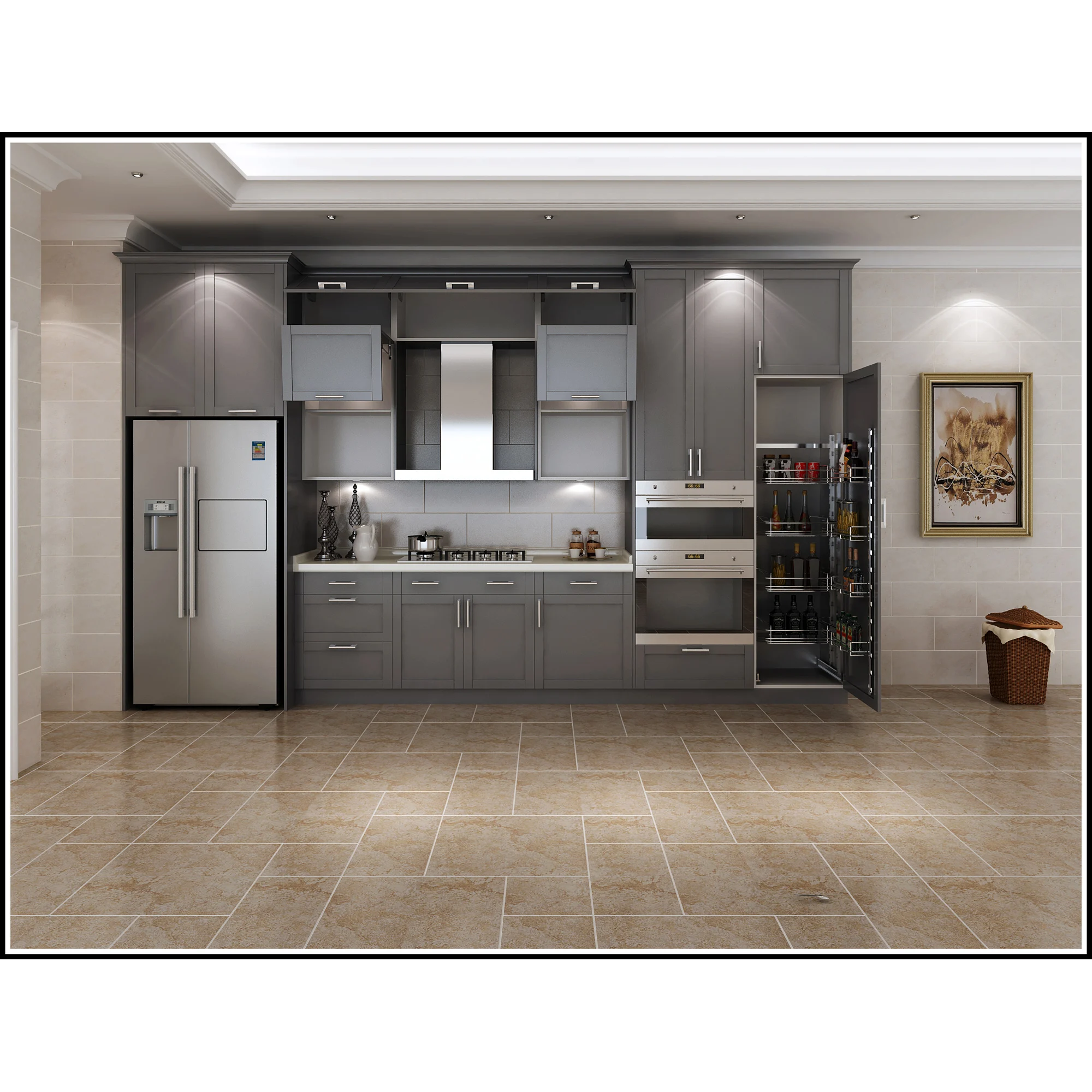 Welbom Modern Style Urban Grey Matt Paint Marble Spraying Professional 2 Pac Kitchen Cabinet Painting Set with Pantry Cupboard