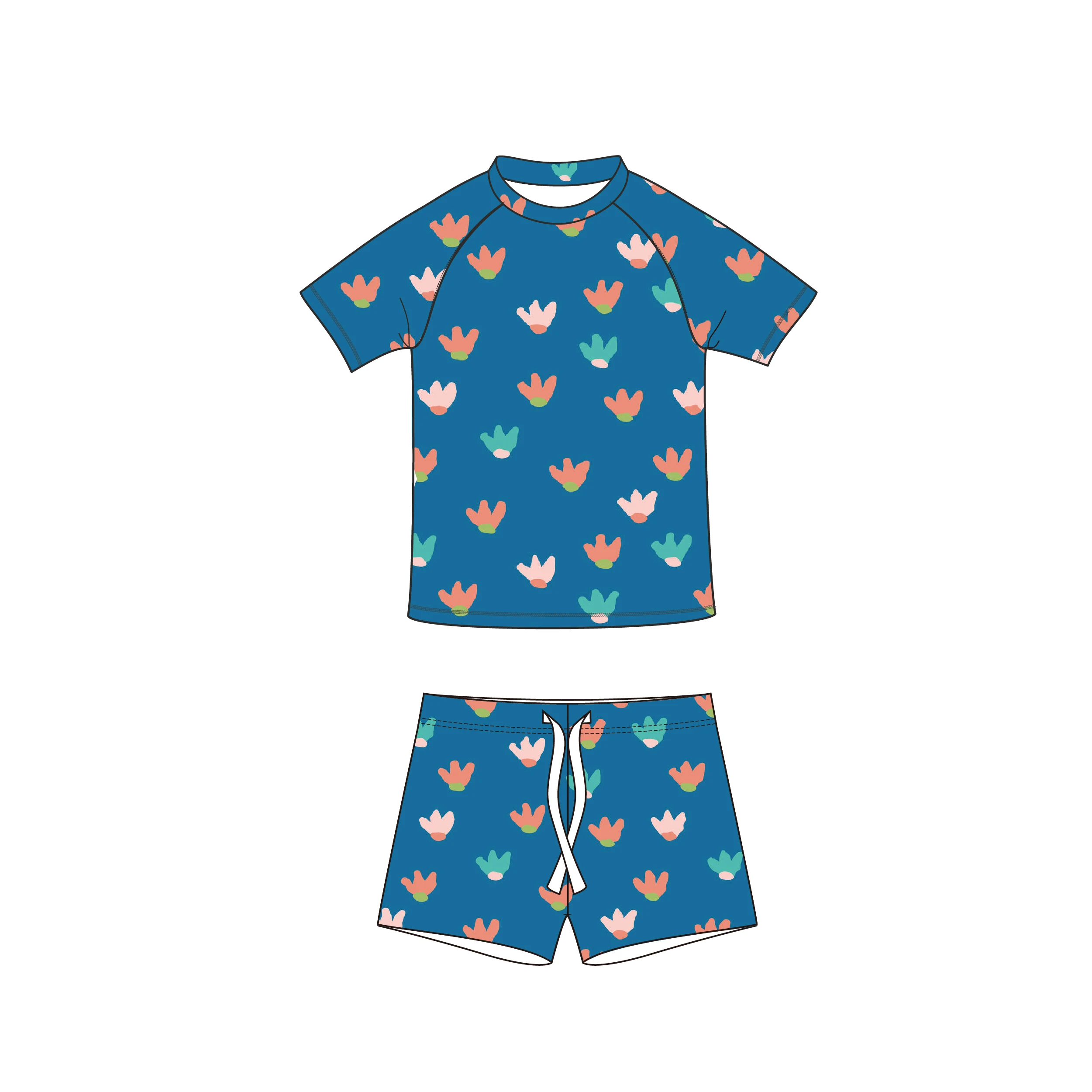 Custom Short Sleeved 2 Pieces Kids Bathing Suit Solid Color Cartoon Print 0-3Year Boys Swimwear