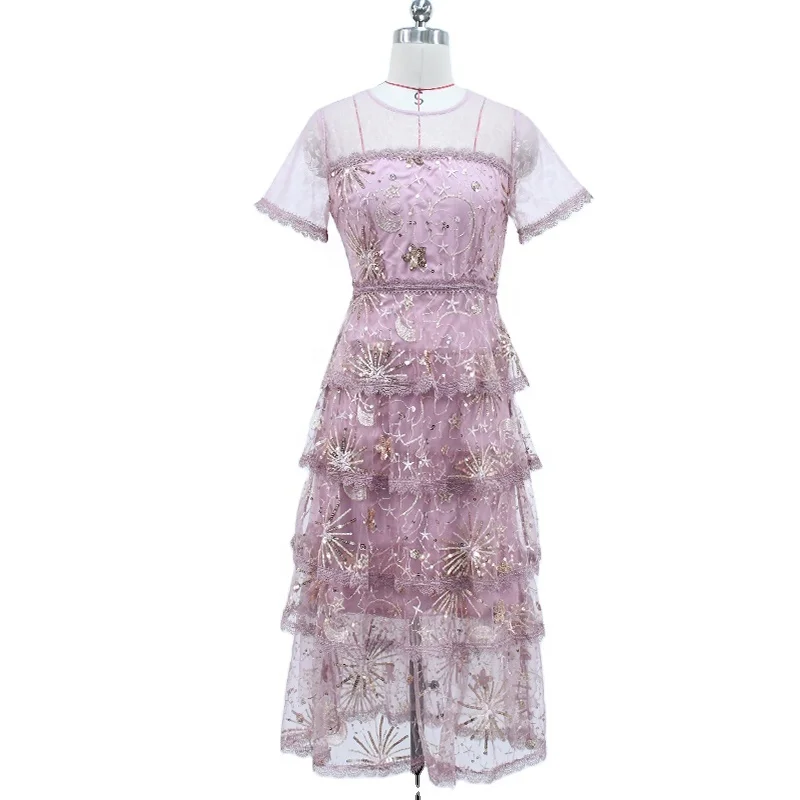 A Factory Supply New Arrival Fashion Ladies Prom Dresses 2024 High End Quality Pink Mesh Sequin Dress Summer Party Dresses Women