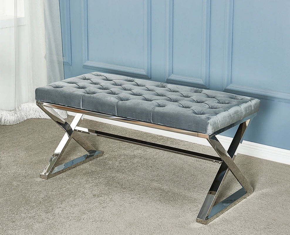 High quality luxury stainless steel frame comfortable fabric bedroom Bench