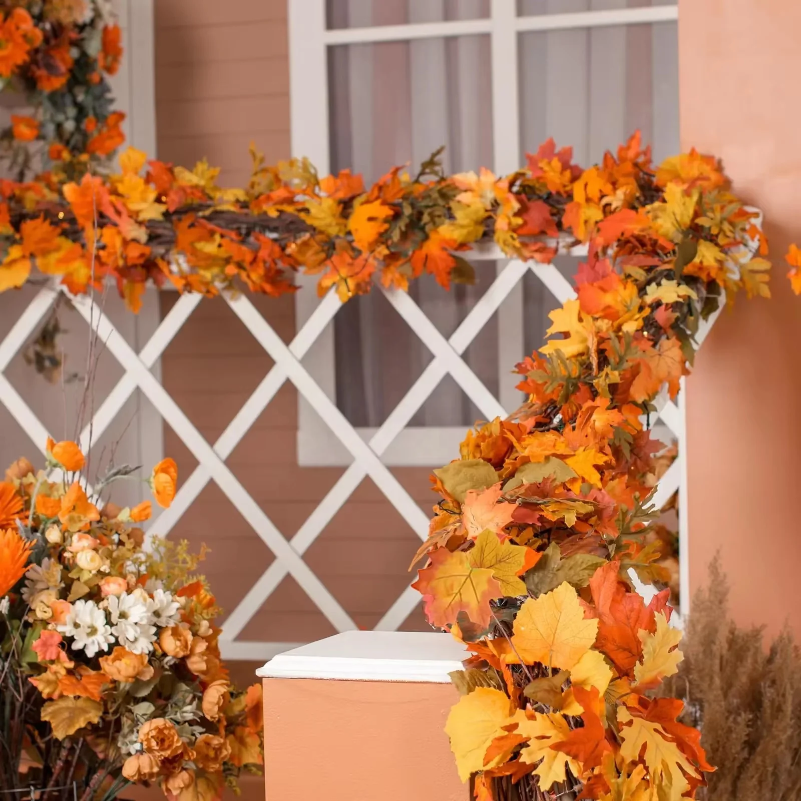 Artificial Autumn Maple Leaves Garland Vine Hanging Plant for Thanksgiving Halloween Fireplace Decoration Christmas Home Decor