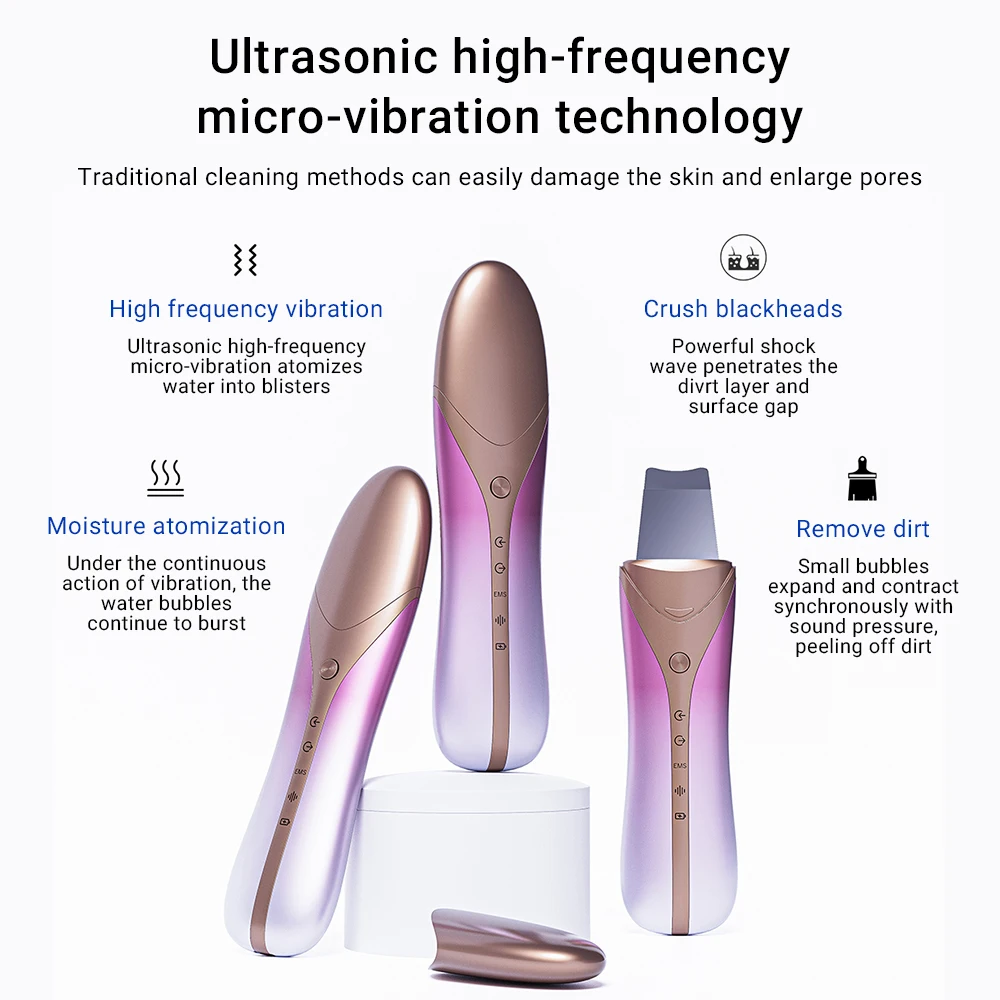 Home Use Skin Blackhead Peel EMS Face Lifting Remover Cleaner Ultrasonic Facial Skin Scrubber Face Spatula