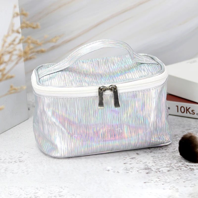 Пользовательский логотип Портативный Макияж сумка серебристый лазер PU дорожные туалетные принадлежности сумка для женщин