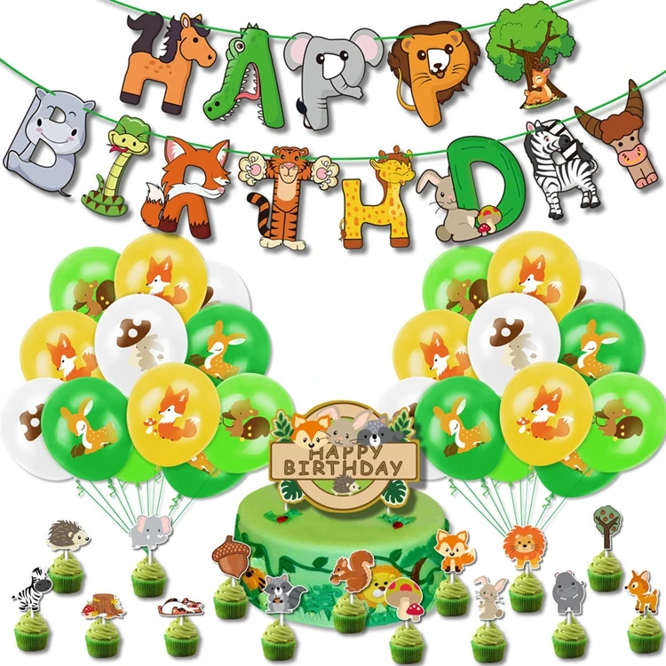 Jungle Animal Zoo Themed Boys Girls Kids Birthday Party Decorations Cartoon Animal Balloons Cupcake Toppers Banner Kit KK030