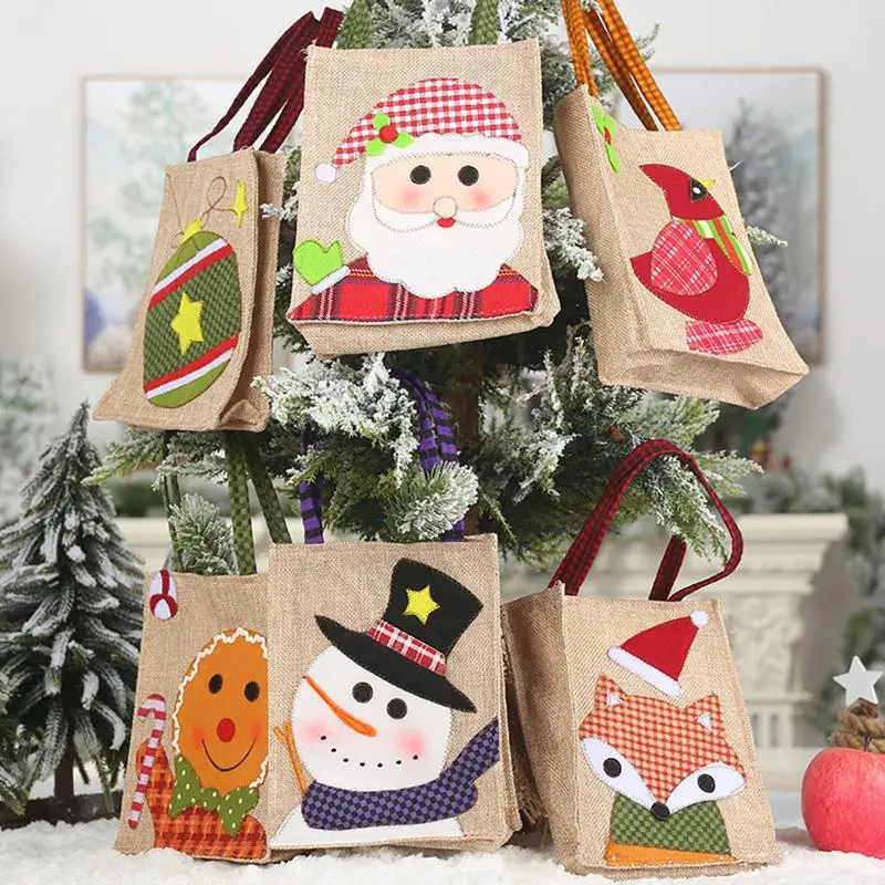 Linen Christmas Tote Bag Sack Christmas Burlap Bag For Gifts Kids Santa Bags