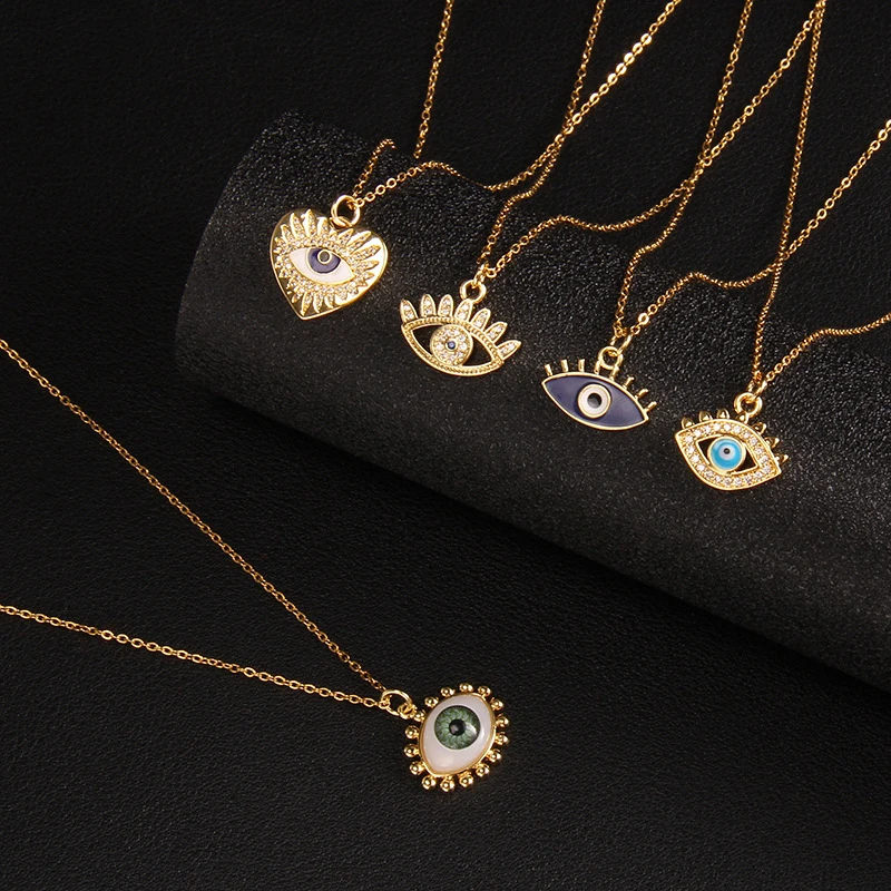 Wholesale Fashion 18K Gold Plated Brass Lucky Devil Eye Jewelry Gifts Cubic Zirconia Evil Eyes Penadnt Necklace for Woman