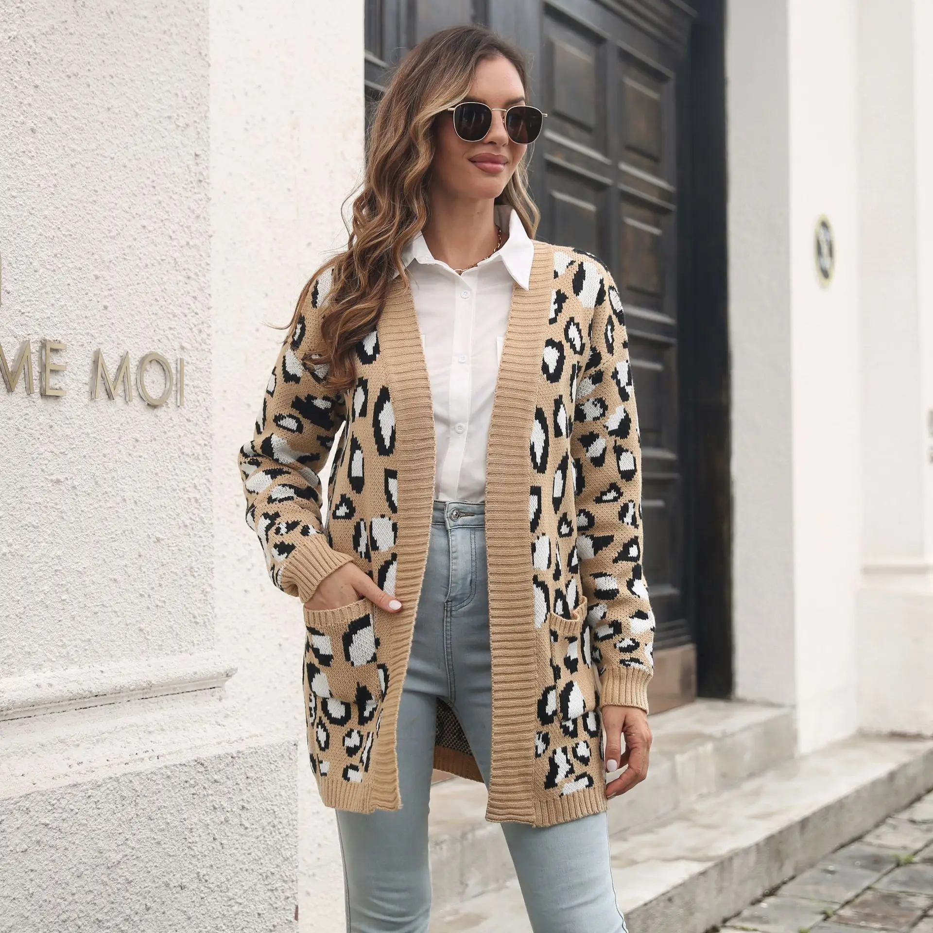 Женский трикотажный кардиган с карманами, повседневный леопардовый кардиган с V-образным вырезом и длинными рукавами, 2022