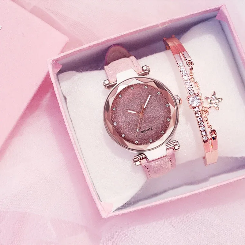 Women Romantic Starry Sky Watch Bracelet Pu Leather Rhinestone Designer Ladies Clock Bracelet Watches Set